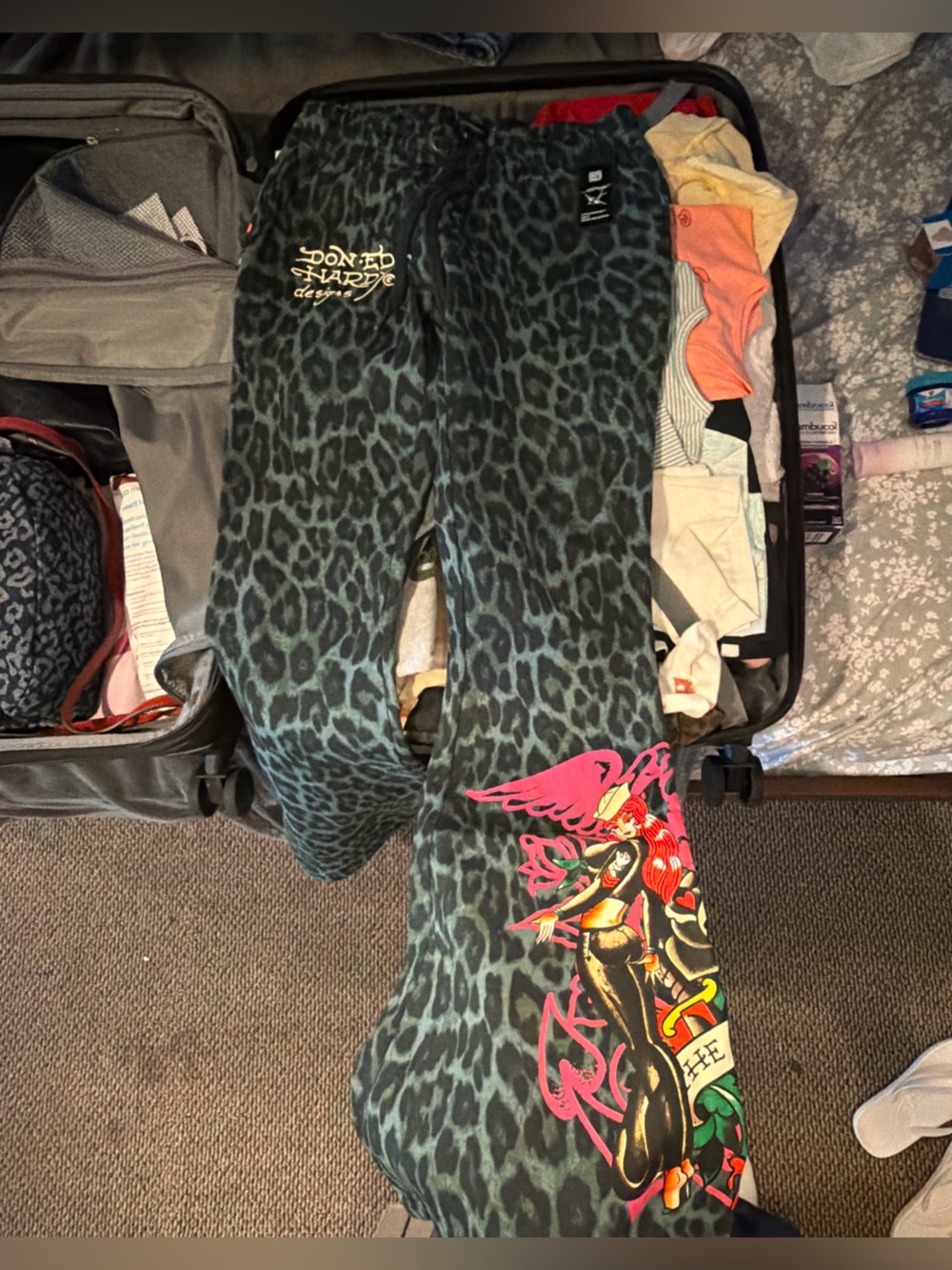 Ed Hardy Green Leopard Joggers with Pink Graphic